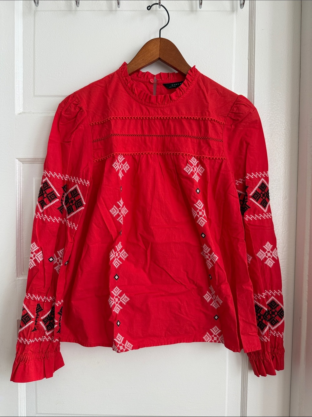 Zara Red Embroidered Long-Sleeve Peasant Top